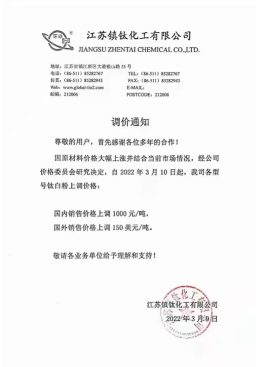 江蘇鎮(zhèn)鈦化工有限公司也于3月9日發(fā)布調(diào)價(jià)通知 江蘇鎮(zhèn)鈦化工有限公司也于3月9日發(fā)布調(diào)價(jià)通知