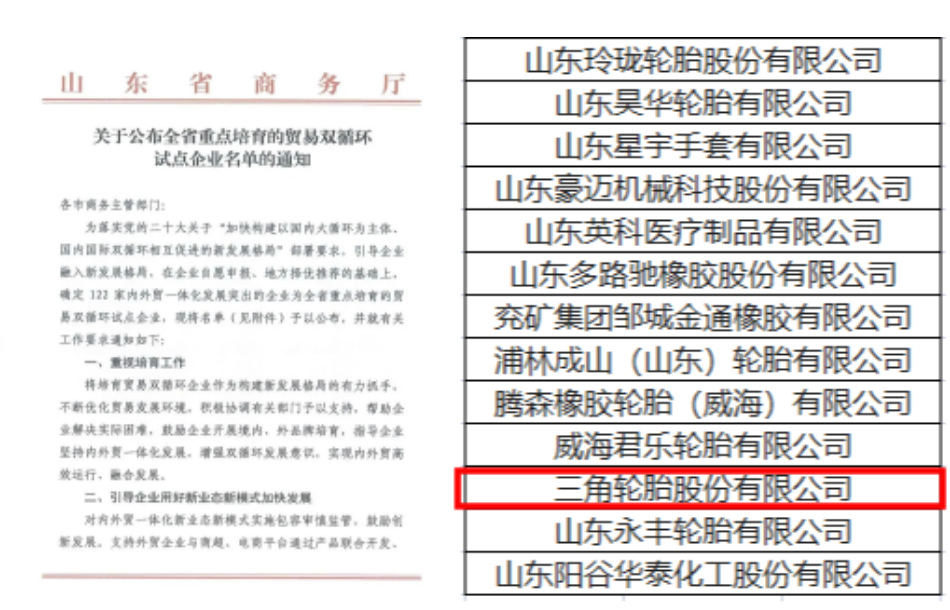 三角輪胎作為內外貿發展突出的企業和資源綜合利用的先進單位，成功入選兩項名單。