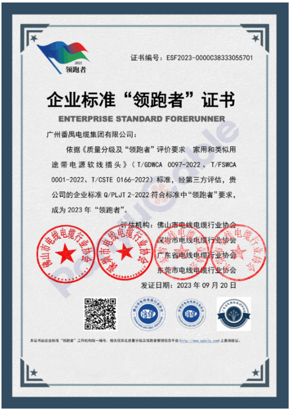 宣布了2023年首批民營企業國家級“領跑者”名單。其中，番纜集團憑借其柔性防火電纜、橡套電線電纜、家用和類似用途交流帶插頭電源軟線產品的卓越品質，榮獲2023年度民營企業標準“領跑者”證書，為該行業樹立了新的標桿。